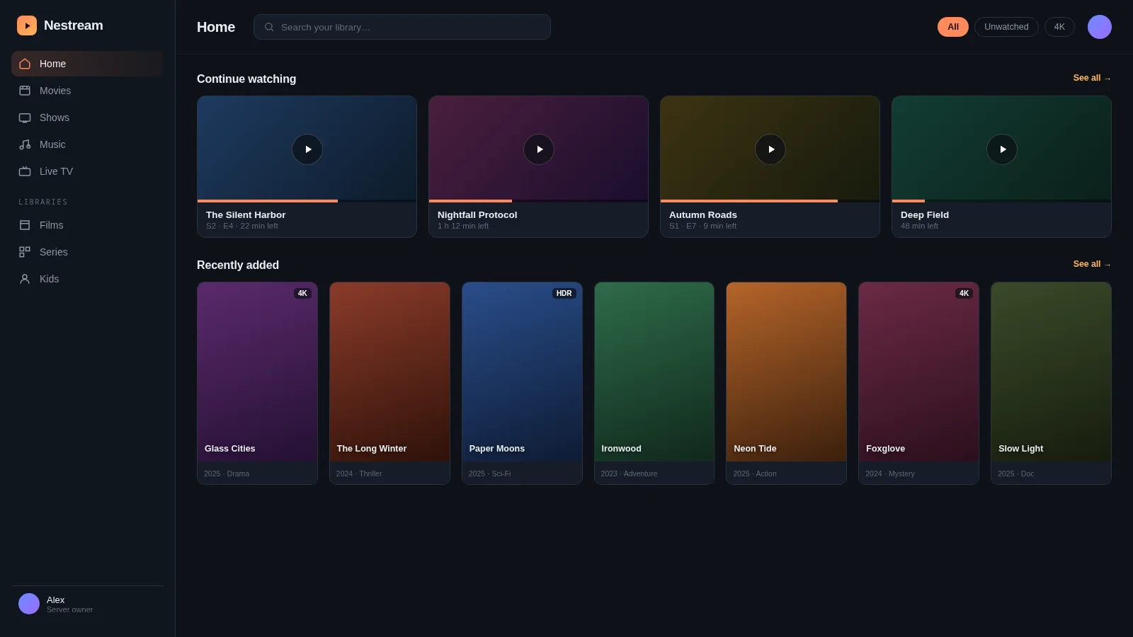 Nestream web app — Home